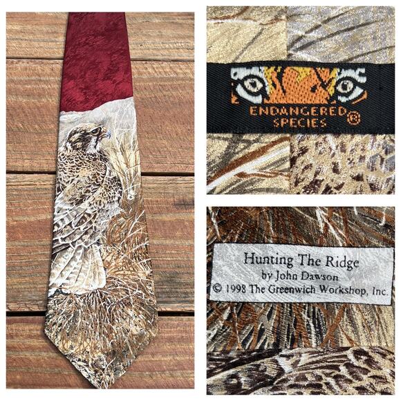 Vintage Hawk Silk Tie Endangered Species 1998 John Dawson Hunting the Ridge Bird - Picture 1 of 14